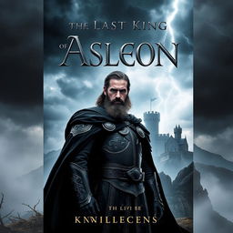 A striking book cover for 'The Last King of Asleon', depicting a dark, brooding kingdom shrouded in mist and shadows