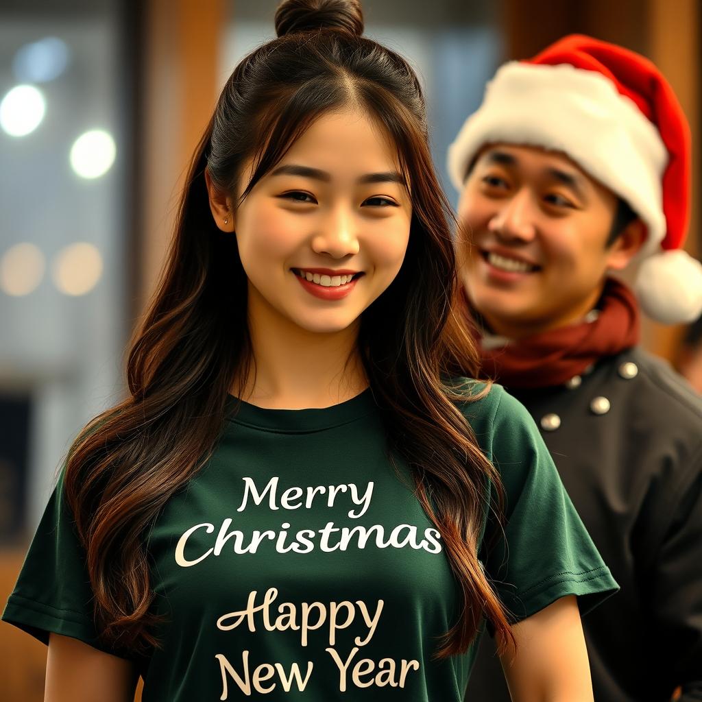 A beautiful Korean woman wearing a dark green t-shirt with the text 'Merry Christmas & Happy New Year' smiling softly and cutely at the camera