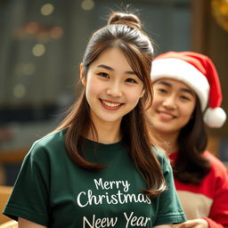 A beautiful Korean woman wearing a dark green t-shirt with the text 'Merry Christmas & Happy New Year' smiling softly and cutely at the camera