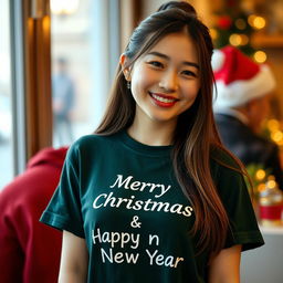 A beautiful Korean woman wearing a dark green t-shirt with the text 'Merry Christmas & Happy New Year' smiling softly and cutely at the camera