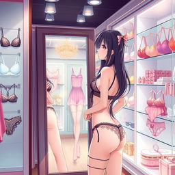 An anime style scene set in a lingerie store featuring a young woman wearing sexy lingerie