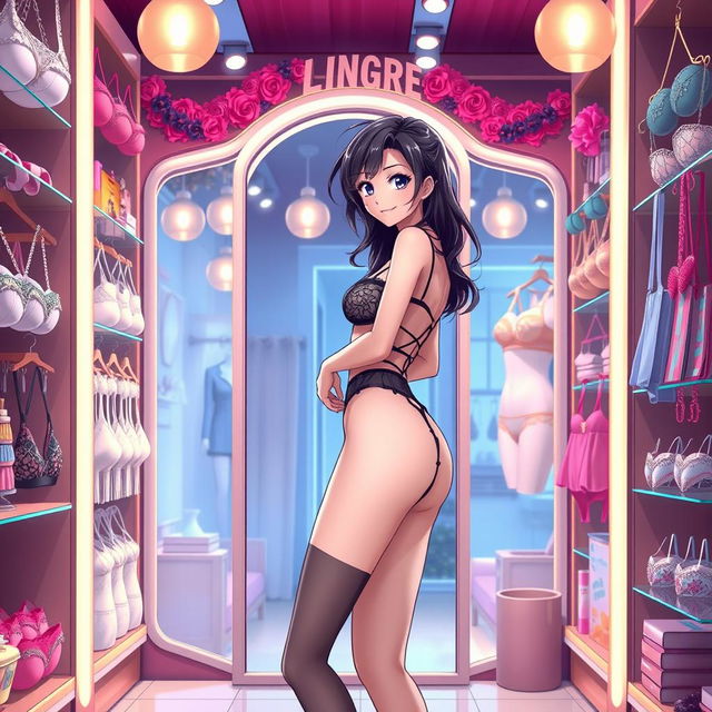 An anime style scene set in a lingerie store featuring a young woman wearing sexy lingerie