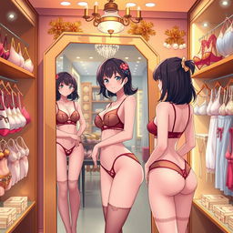 An anime style scene set in a lingerie store featuring a young woman wearing sexy lingerie