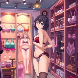 An anime style scene set in a lingerie store featuring a young woman wearing sexy lingerie