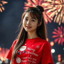 A beautiful Korean woman wearing a red t-shirt with festive graphics, featuring Santa Claus and fireworks, along with the text 'Merry Christmas & Happy New Year'