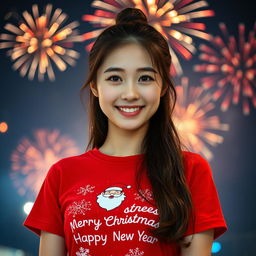 A beautiful Korean woman wearing a red t-shirt with festive graphics, featuring Santa Claus and fireworks, along with the text 'Merry Christmas & Happy New Year'