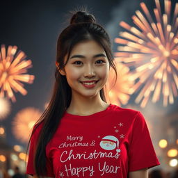 A beautiful Korean woman wearing a red t-shirt with festive graphics, featuring Santa Claus and fireworks, along with the text 'Merry Christmas & Happy New Year'