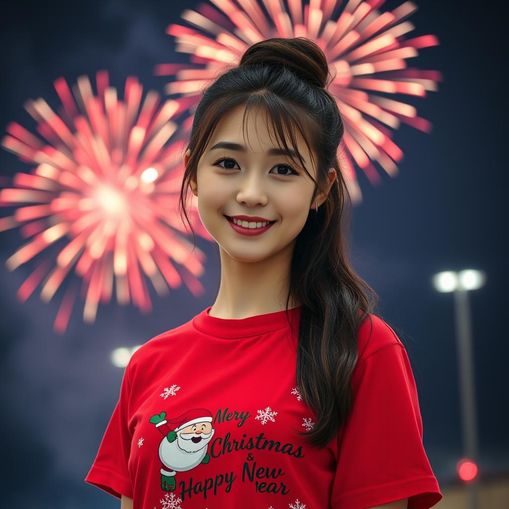 A beautiful Korean woman wearing a red t-shirt with festive graphics, featuring Santa Claus and fireworks, along with the text 'Merry Christmas & Happy New Year'