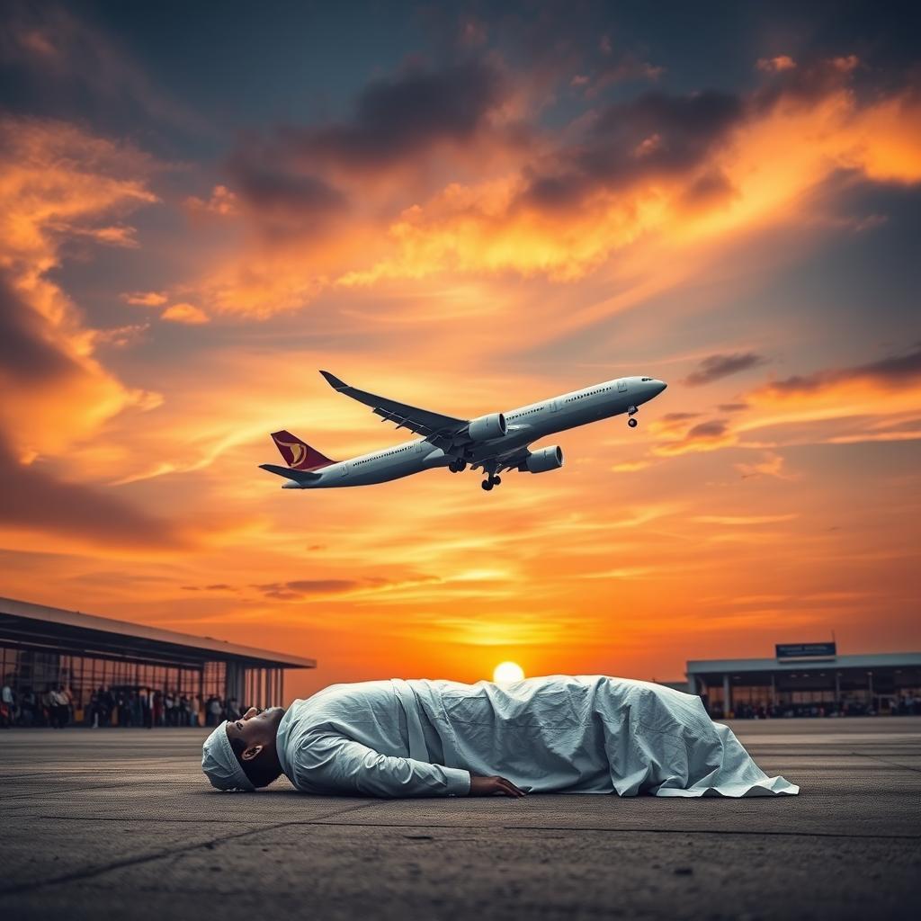 A dramatic scene at Tribhuvan Airport, showcasing a commercial airplane taking off against a vibrant sunset sky, creating a sense of urgency and motion