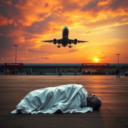 A dramatic scene at Tribhuvan Airport, showcasing a commercial airplane taking off against a vibrant sunset sky, creating a sense of urgency and motion
