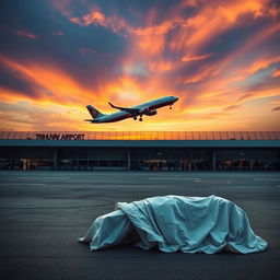 A dramatic scene at Tribhuvan Airport, showcasing a commercial airplane taking off against a vibrant sunset sky, creating a sense of urgency and motion
