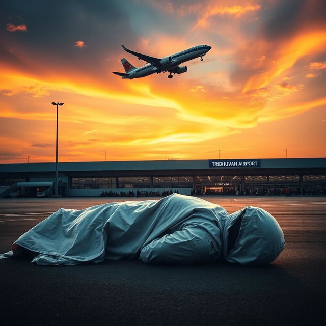 A dramatic scene at Tribhuvan Airport, showcasing a commercial airplane taking off against a vibrant sunset sky, creating a sense of urgency and motion