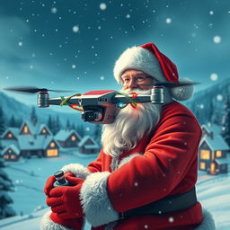 A whimsical scene featuring Santa Claus operating a high-tech drone in a snowy landscape