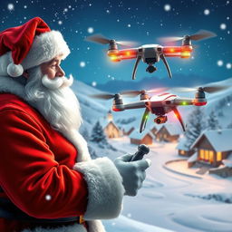 A whimsical scene featuring Santa Claus operating a high-tech drone in a snowy landscape