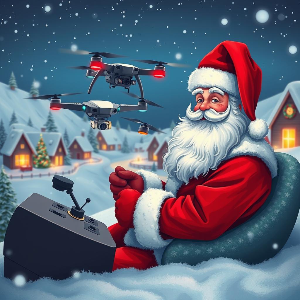 A whimsical scene featuring Santa Claus operating a high-tech drone in a snowy landscape