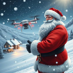 A whimsical scene featuring Santa Claus operating a high-tech drone in a snowy landscape