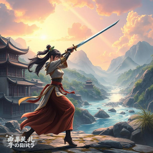 A dynamic scene set in a fantasy online game, featuring skilled swordsmen engaged in a fierce duel in a vibrant martial arts world