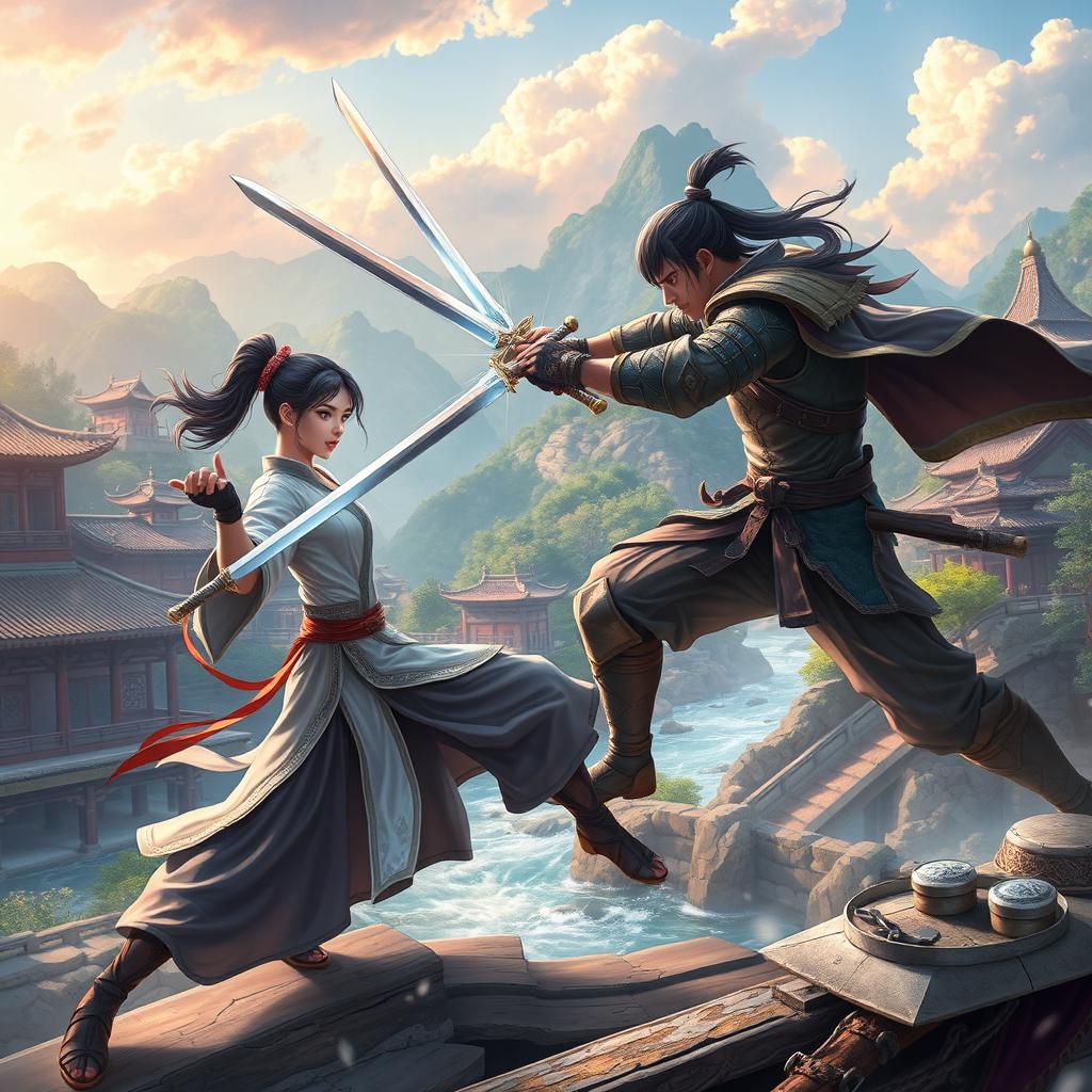 A dynamic scene set in a fantasy online game, featuring skilled swordsmen engaged in a fierce duel in a vibrant martial arts world