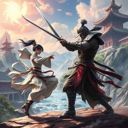 A dynamic scene set in a fantasy online game, featuring skilled swordsmen engaged in a fierce duel in a vibrant martial arts world