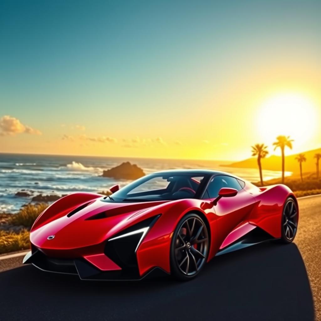 A sleek and futuristic sports car, with a vibrant red color shining under a bright blue sky