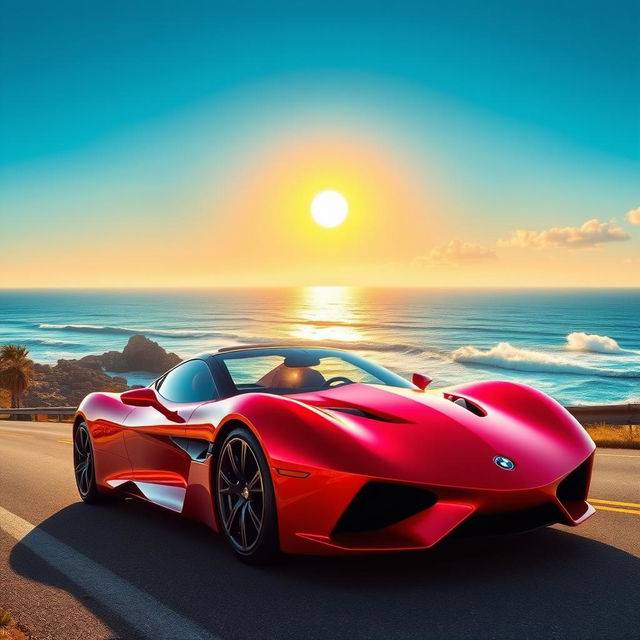 A sleek and futuristic sports car, with a vibrant red color shining under a bright blue sky