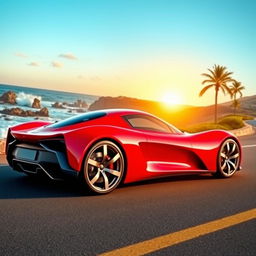 A sleek and futuristic sports car, with a vibrant red color shining under a bright blue sky