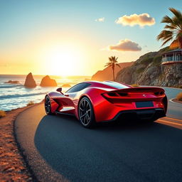 A sleek and futuristic sports car, with a vibrant red color shining under a bright blue sky