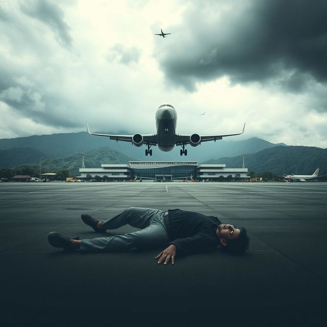 A dramatic scene at Tribhuvan Airport in Nepal featuring a flying airplane soaring through a cloudy sky, while on the ground, the unsettling sight of a lifeless body lies amidst the tarmac