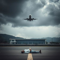 A dramatic scene at Tribhuvan Airport in Nepal featuring a flying airplane soaring through a cloudy sky, while on the ground, the unsettling sight of a lifeless body lies amidst the tarmac