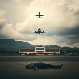A dramatic scene at Tribhuvan Airport in Nepal featuring a flying airplane soaring through a cloudy sky, while on the ground, the unsettling sight of a lifeless body lies amidst the tarmac