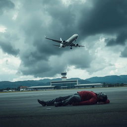 A dramatic scene at Tribhuvan Airport in Nepal featuring a flying airplane soaring through a cloudy sky, while on the ground, the unsettling sight of a lifeless body lies amidst the tarmac