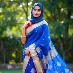 A beautiful young woman wearing a vibrant saree and a stylish hijab, gracefully standing in a serene outdoor setting