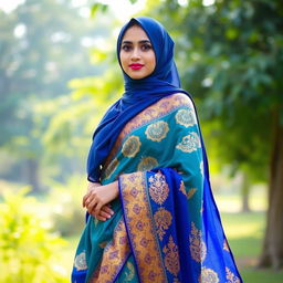A beautiful young woman wearing a vibrant saree and a stylish hijab, gracefully standing in a serene outdoor setting