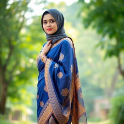 A beautiful young woman wearing a vibrant saree and a stylish hijab, gracefully standing in a serene outdoor setting