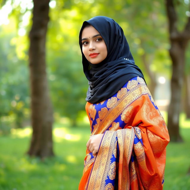 A beautiful young woman wearing a vibrant saree and a stylish hijab, gracefully standing in a serene outdoor setting