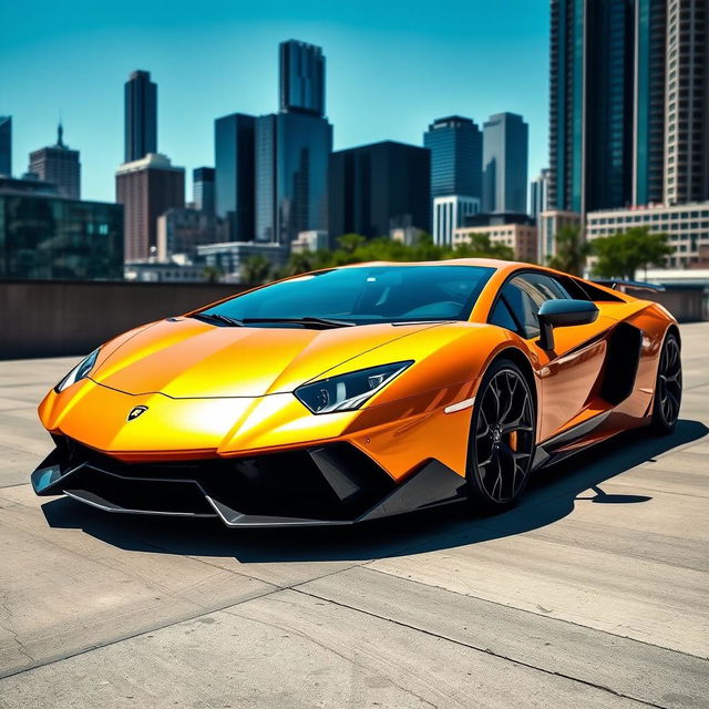 A stunning Lamborghini Aventador, showcased in a striking metallic yellow finish that glimmers under the sunlight