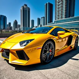 A stunning Lamborghini Aventador, showcased in a striking metallic yellow finish that glimmers under the sunlight