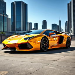 A stunning Lamborghini Aventador, showcased in a striking metallic yellow finish that glimmers under the sunlight