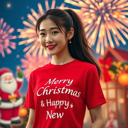 A beautiful Korean woman wearing a red t-shirt with the text 'Merry Christmas & Happy New Year' printed on it