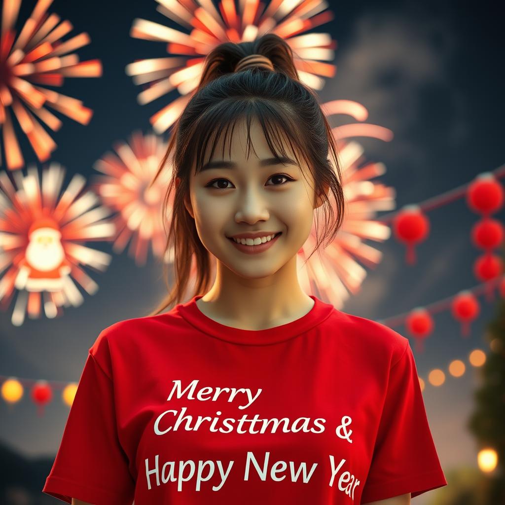 A beautiful Korean woman wearing a red t-shirt with the text 'Merry Christmas & Happy New Year' printed on it