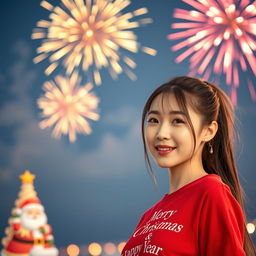 A beautiful Korean woman wearing a red t-shirt with the text 'Merry Christmas & Happy New Year' printed on it