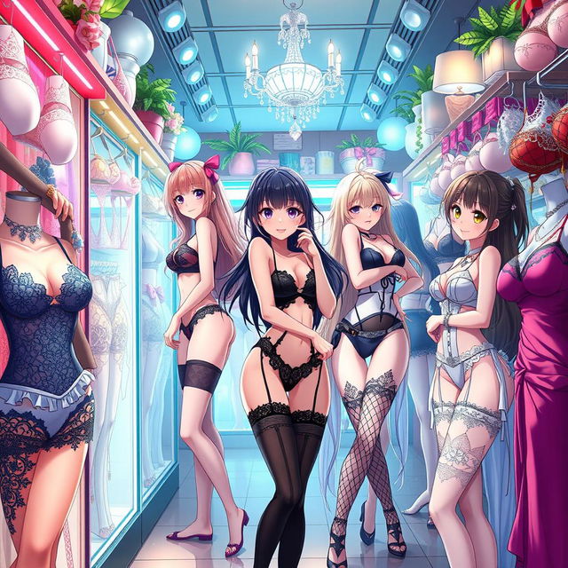 A vibrant and dynamic anime scene set inside a lingerie shop, featuring bold and stylish designs