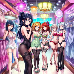 A vibrant and dynamic anime scene set inside a lingerie shop, featuring bold and stylish designs