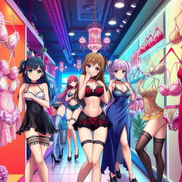 A vibrant and dynamic anime scene set inside a lingerie shop, featuring bold and stylish designs