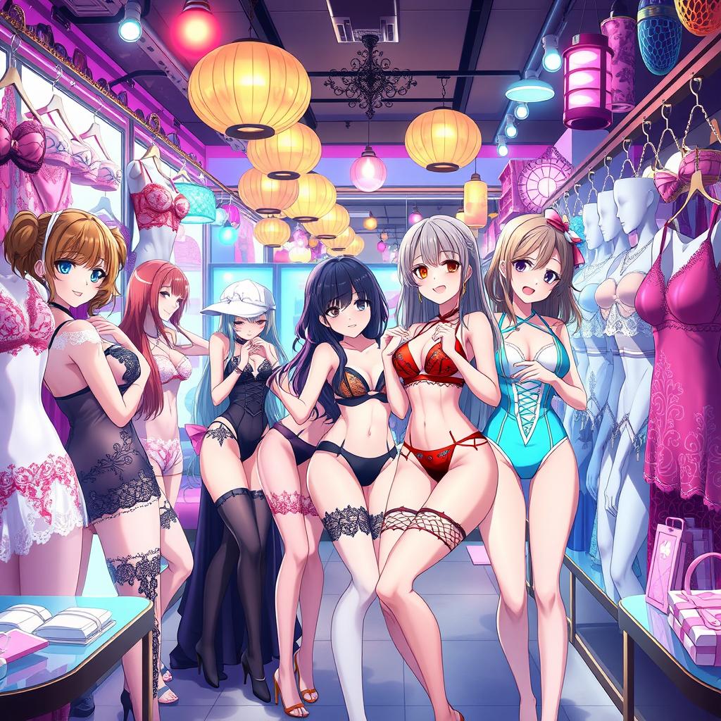 A vibrant and dynamic anime scene set inside a lingerie shop, featuring bold and stylish designs