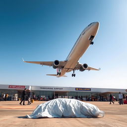A scene at Tribhuvan Airport, showcasing a commercial airplane in the process of taking off with a clear blue sky above