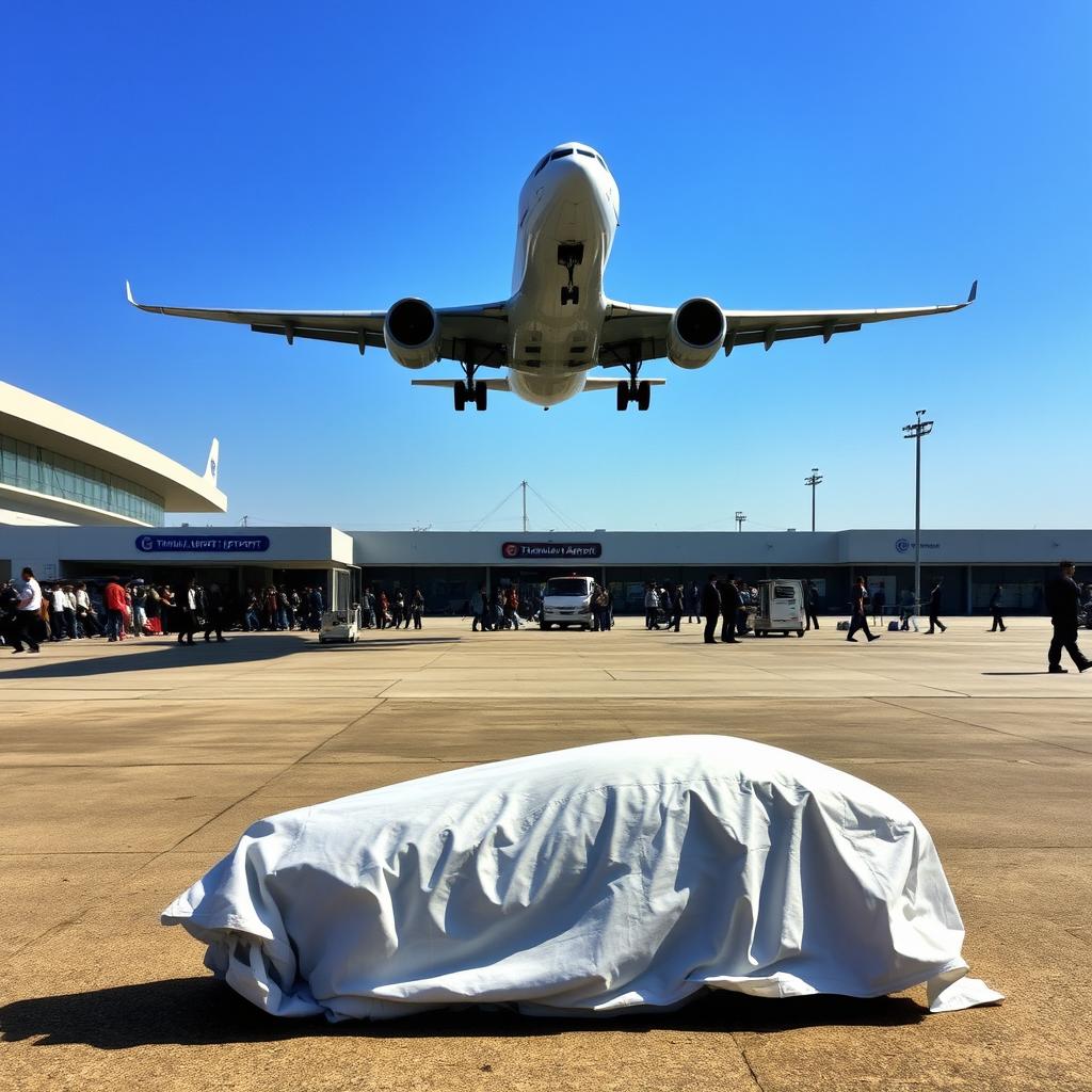 A scene at Tribhuvan Airport, showcasing a commercial airplane in the process of taking off with a clear blue sky above