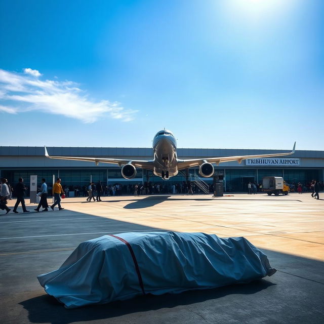 A scene at Tribhuvan Airport, showcasing a commercial airplane in the process of taking off with a clear blue sky above