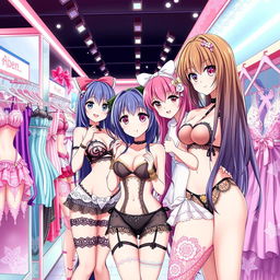 Anime girls in a lingerie shop, wearing sexy and stylish lingerie, vibrant colors, playful and flirtatious atmosphere, showcasing a variety of dazzling outfits and accessories, charming expressions, surrounded by beautiful displays of lace and satin, bright lighting that highlights the textures, an inviting and fun ambiance