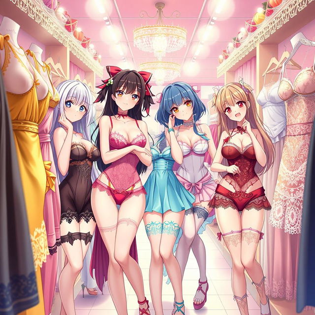 Anime girls in a lingerie shop, wearing sexy and stylish lingerie, vibrant colors, playful and flirtatious atmosphere, showcasing a variety of dazzling outfits and accessories, charming expressions, surrounded by beautiful displays of lace and satin, bright lighting that highlights the textures, an inviting and fun ambiance